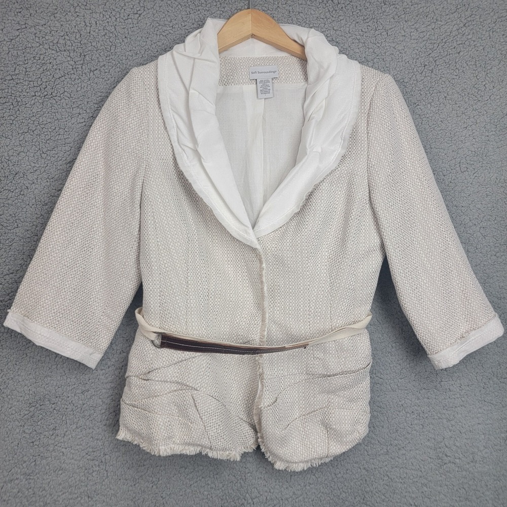 Soft Surroundings Belted Jacket Sz L Linen Blend 3/4 Sleeve Woven Beige Neutral